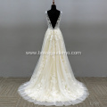 Hot Selling Sheer Sleeveless v neck Lace Bridal expensive wedding dress ball gown